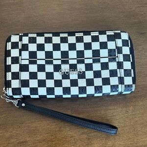 GUESS Black and White Checkered Wristlet